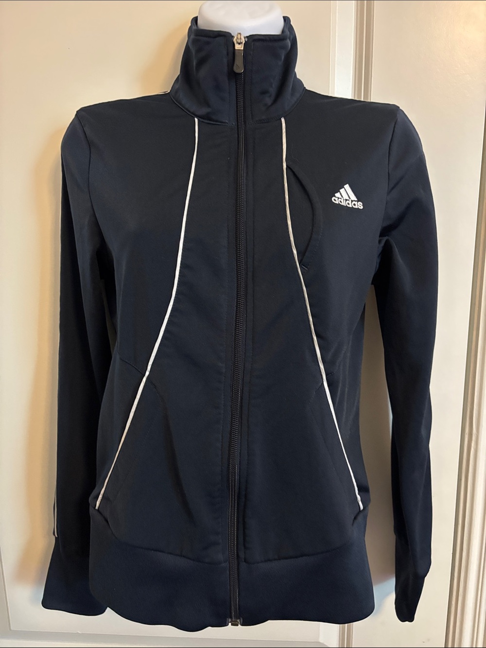 adidas Navy Zip-Up Women's Athletic Jacket with White Piping S